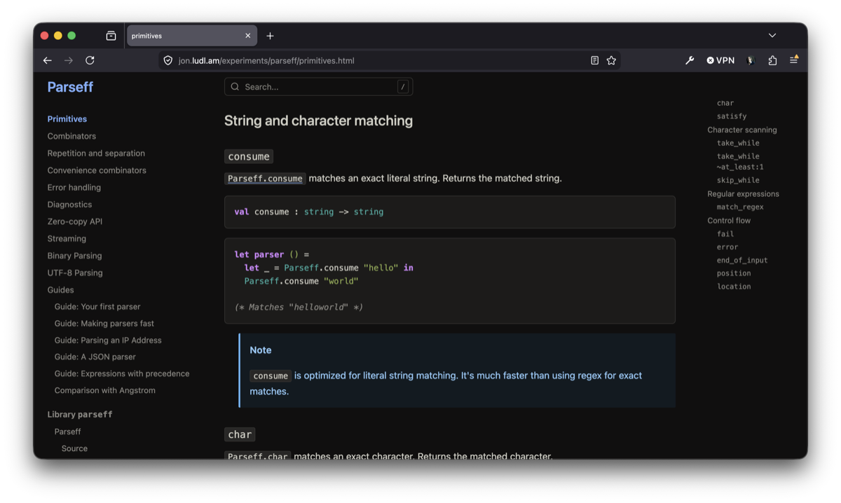 A screenshot of the parseff site
